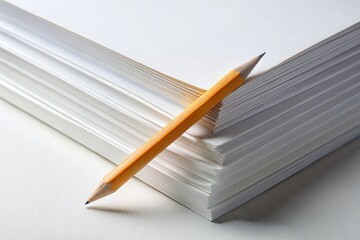 Fototapeta premium Worm's Eye View: Blank Paper Stack & Pencil - Minimalist Still Life Photography