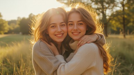 Fototapeta premium Two smiling women in warm sunlight at a park.