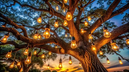Obraz premium Worm's Eye View of Warm Light Bulbs Hanging from Tree Branches at Night - Magical Fairy Lights