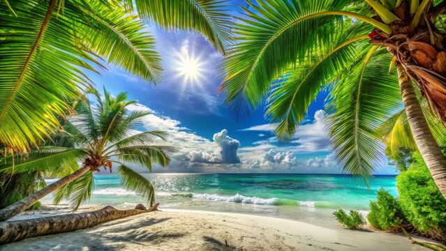 Worm's Eye View Paradise Island: Sunny Tropical Beach Palm Leaves Idyllic Escape