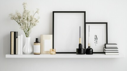 Decorated shelf on white wall. Aesthetic luxury minimalist home interior design decoration. Elegant Scandinavian, hygge style interior. Picture frames, fragrance, vase, books, candle 