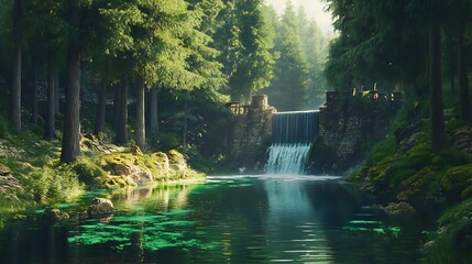 a gorgeous dam water spill with beautiful nature