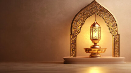 Elegant golden lantern shining in an arabesque arch, setting a cozy, welcoming ambiance for ramadan