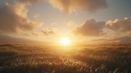 Serene Sunrise Over Meadow with Lush Grass and Soft Clouds