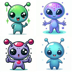 Cute alien characters with vibrant colors and playful expressions in a cartoon style