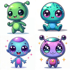 Cute alien characters with vibrant colors and playful expressions in a cartoon style