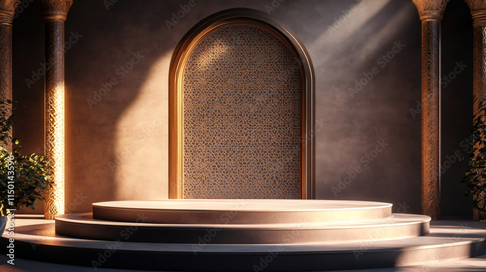 Poster Elegant ramadan setting with ornate arch and columns bathed in sunlight, creating a serene ambiance for product display on round podium