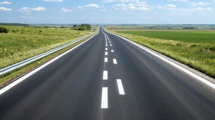 Open Road Stretching Through Lush Green Fields Under Blue Sky