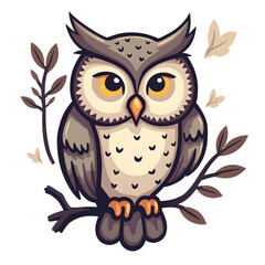 Fototapeta premium Cute cartoon owl sitting on a branch with leaves and butterflies on white background