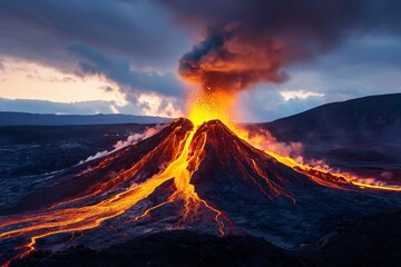 Fototapeta premium Stunning Volcanic Eruption with Fiery Lava and Dramatic Sky