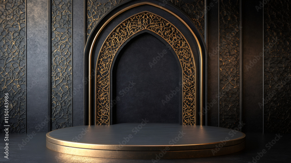 Aufkleber golden framed empty podium in front of decorative arch and patterned walls, perfect for displaying r