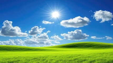 Fototapeta premium Bright Green Landscape Under Blue Sky with Soft Cloud Formation