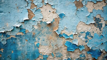 A weathered wall with peeling blue paint reveals the underlying layers of plaster and time, creating a captivating abstract texture.