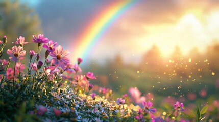 Obraz premium Colorful Flowers Under Rainbow with Soft Sunset Glow