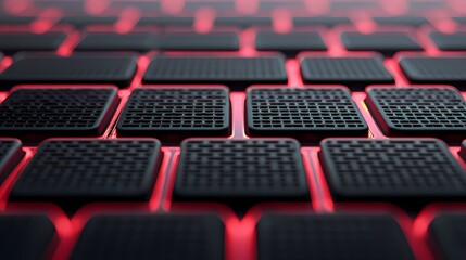 Obraz premium A close-up view of a keyboard with black keys and vibrant red backlighting, showcasing a modern and sleek design.