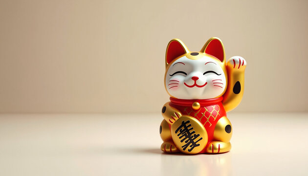 Cute Maneki-neko figurine waving with gold accents on neutral background, Lucky charms