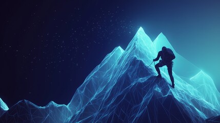 Reaching the Summit of a Low-Poly Mountain with Glowing Wireframe Peaks, Dark Blue Backdrop Reflecting Achievement and Challenge.