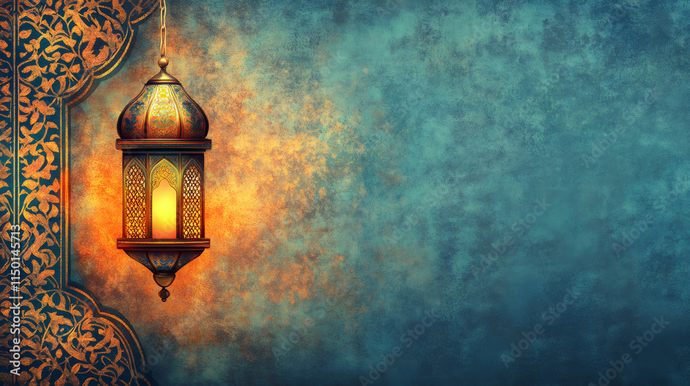 Poster elegant arabesque pattern enhances a radiant lantern, representing the essence of ramadan amidst a t