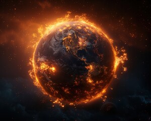 Obraz premium Burning Earth: A fiery inferno consumes the planet in a dramatic and apocalyptic vision of environmental destruction. The Earth's surface is engulfed in flames.