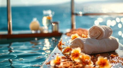 A tranquil cruise ship spa, offering luxurious treatments with calming ocean sounds in the background,