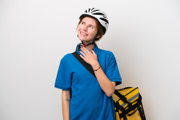 Young English woman with thermal backpack isolated on white background looking up while smiling