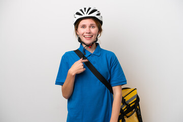 Young English woman with thermal backpack isolated on white background with surprise facial expression