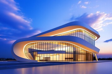 Futuristic Illuminated Curved Glass Architectural Landmark at Sunset