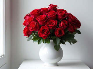 A bouquet of red roses with white vase against a plain white  background