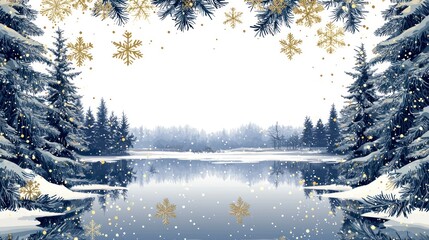 Elegant Blue and Gold Christmas Frame with Snowflakes, Pine Trees, and a Frozen Lake for Holiday Greetings and Seasonal Wishes
