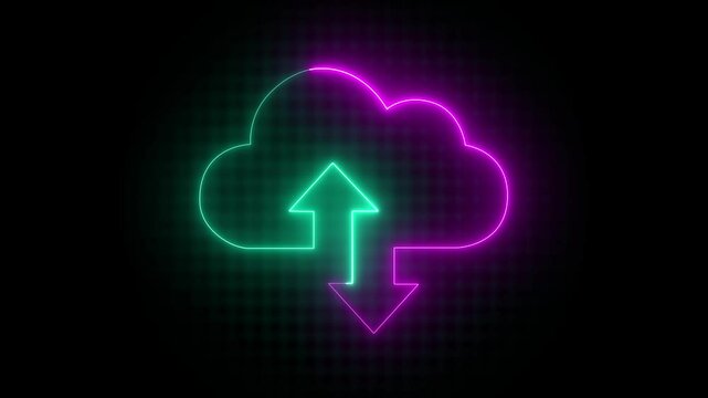 Glowing neon cloud storage with arrows, looped animation. Cloud space and technology, data backup icon.