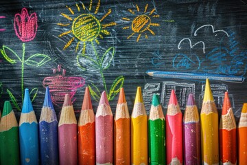 Colorful Crayons and Child's Chalk Drawings 
