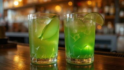 Fototapeta premium Green cocktails with lime slices on a festive bar counter.