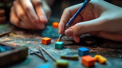hands shaping a miniature figurine from polymer clay, with colorful clay blocks and tiny tools nearby. 