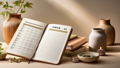 Generated image  An open Kakeibo journal with a checklist for monthly savings goals, surrounded by minimalist