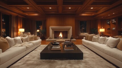 Luxurious living room with fireplace, wooden paneling, and plush sofas.