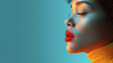 Close-up profile of a young woman with closed eyes, wearing a yellow turtleneck, illuminated by dramatic lighting against a teal background.