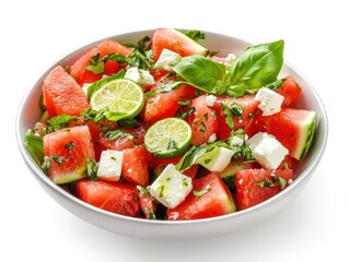 A refreshing watermelon salad with lime, basil, and feta cheese in a bowl.