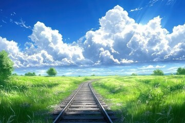Fototapeta premium Serene Railroad Tracks Under Blue Sky and Clouds