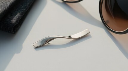 Elegant Silver Accessory on Table Beside Sunglasses and Fabric