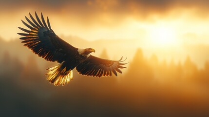 Majestic Eagle Soaring Against Golden Sunset Sky
