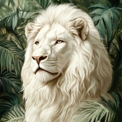 Majestic white lion portrait amidst lush tropical foliage.