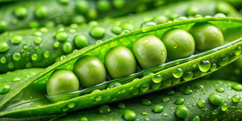Green peas are carefully arranged in their pod, showcasing a vibrant color alongside water droplets that add freshness. This captures the essence of a rainy day in a garden