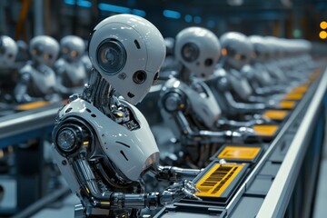 Fototapeta premium A row of humanoid robots working on an assembly line in a futuristic industrial setting.