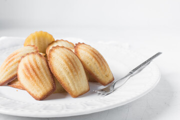 Homemade vanilla madeleines on a white plate, plain french vanilla madeleine cake or cookies on  a white granite countertop