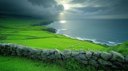 Lush green pastures meet dramatic coastal cliffs with sheep grazing, dramatic sky.