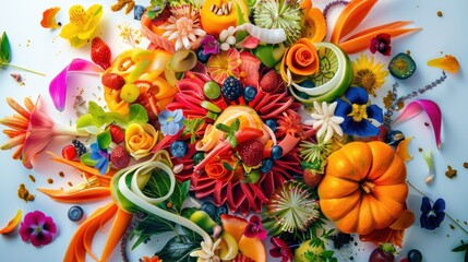 A vibrant showcase of food on white, featuring exotic dishes plated artistically,