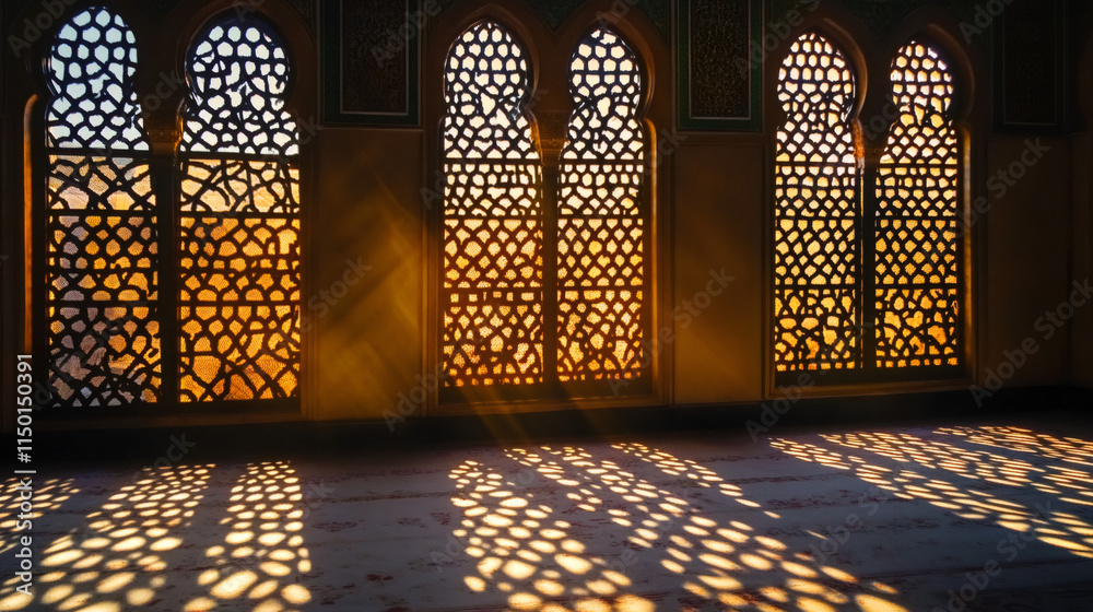 Poster tranquil ambiance fills the mosque as the intricately designed windows let in golden sunlight, casti