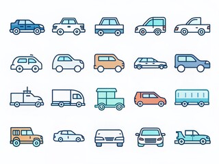 Outline Car & Transportation Icons: Front & Side Views, Various Vehicles