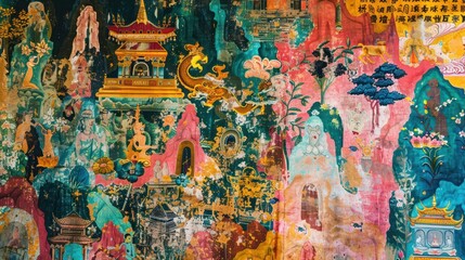 A vibrant temple wall painting, depicting intricate Buddhist stories and traditional art,