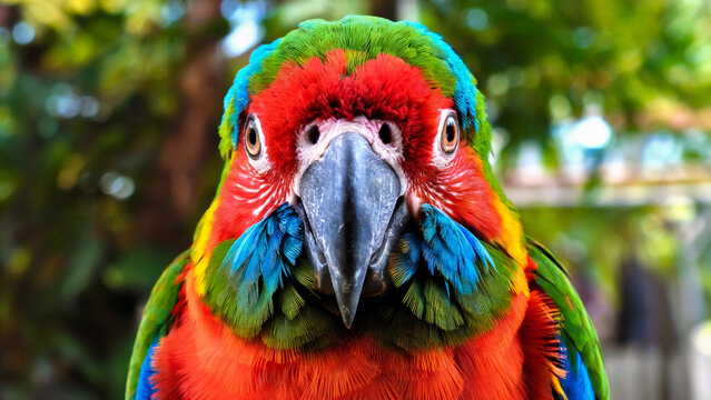 An expressive parrot portrait, showcasing its bright, intelligent gaze and a stunning array of colorful feathers.